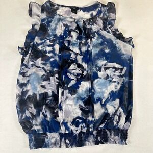 Ann Taylor Blue White Watercolor Floral Ruffle Front Smocked Hem Blouse Womens S
